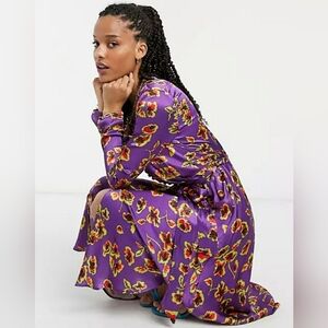 Ghost London XS Meryl Dress Long Sleeve Wrap Purple Floral Viscose Satin‎ Maxi